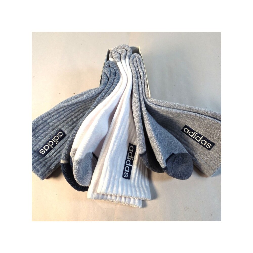 New Adidas Men's 3-Pairs Cushioned Crew Socks Blue Grey White Sz 6-12